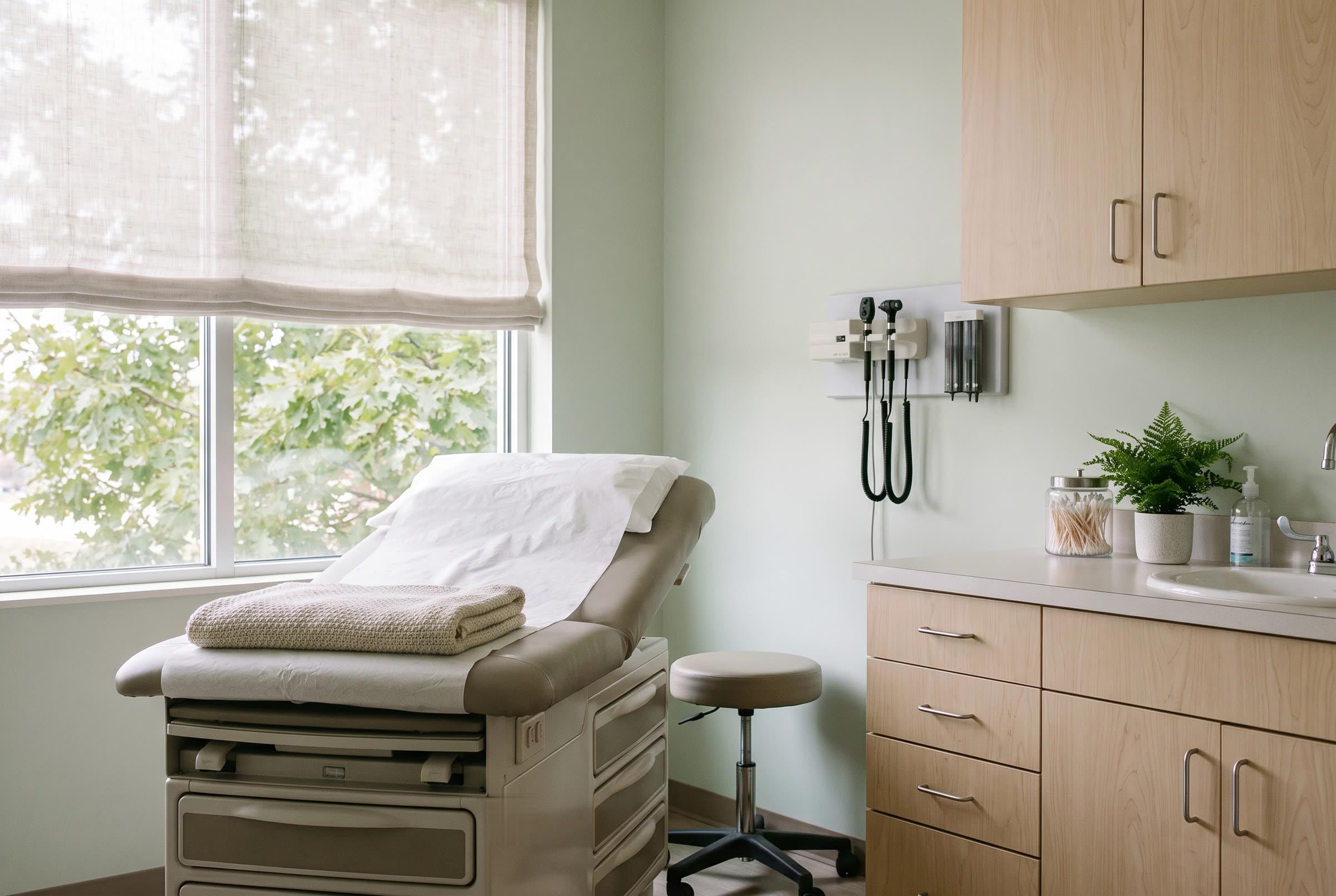 An exam room with a paper-covered table, pale wood cabinets, and a window