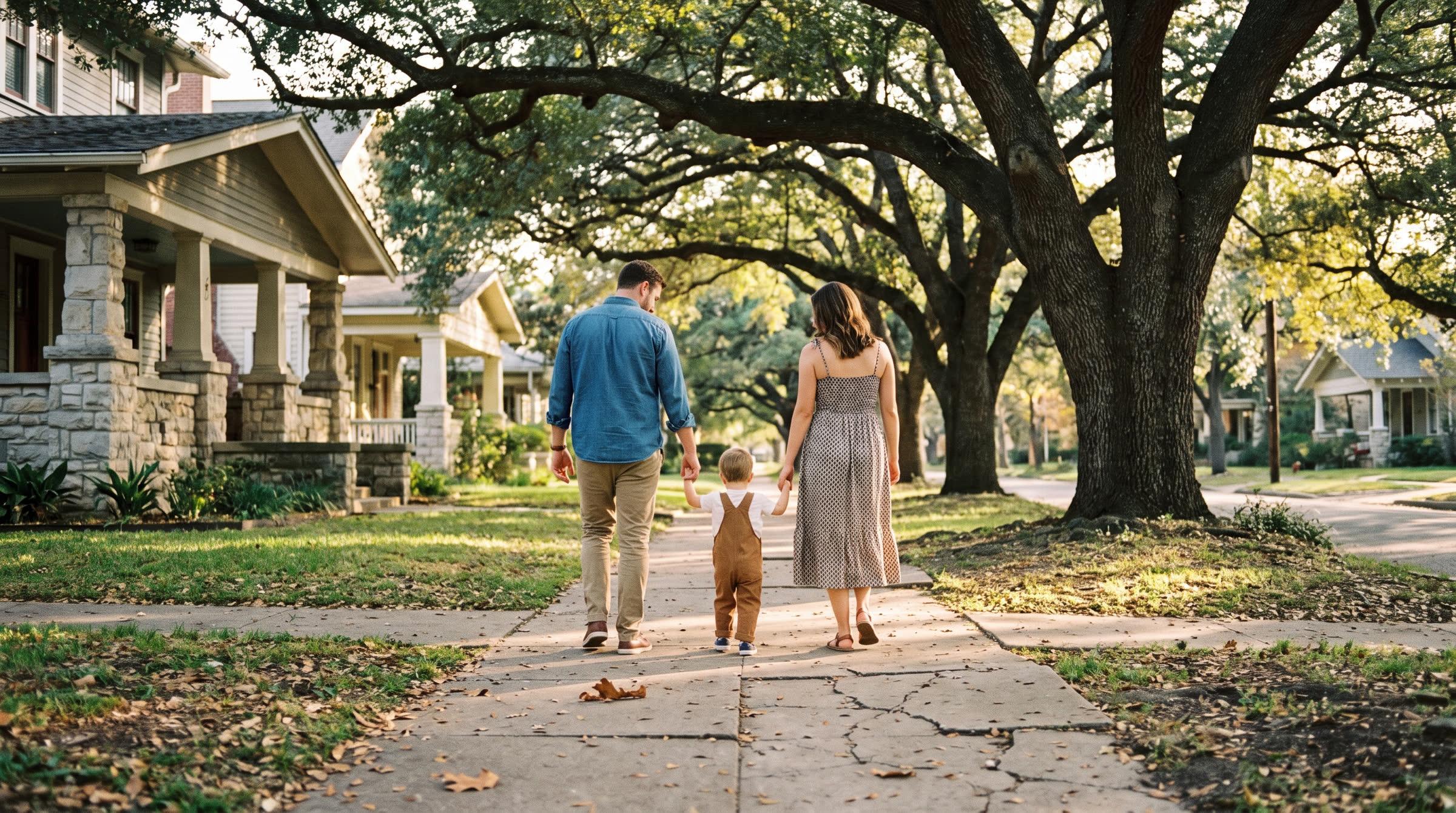 A family walking away under live oaks on a neighborhood sidewalk