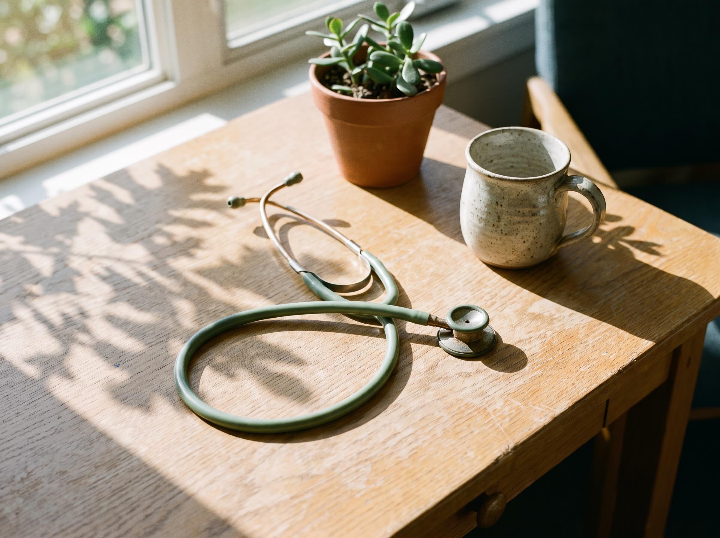 A sage stethoscope coiled on a pale oak desk beside a ceramic mug