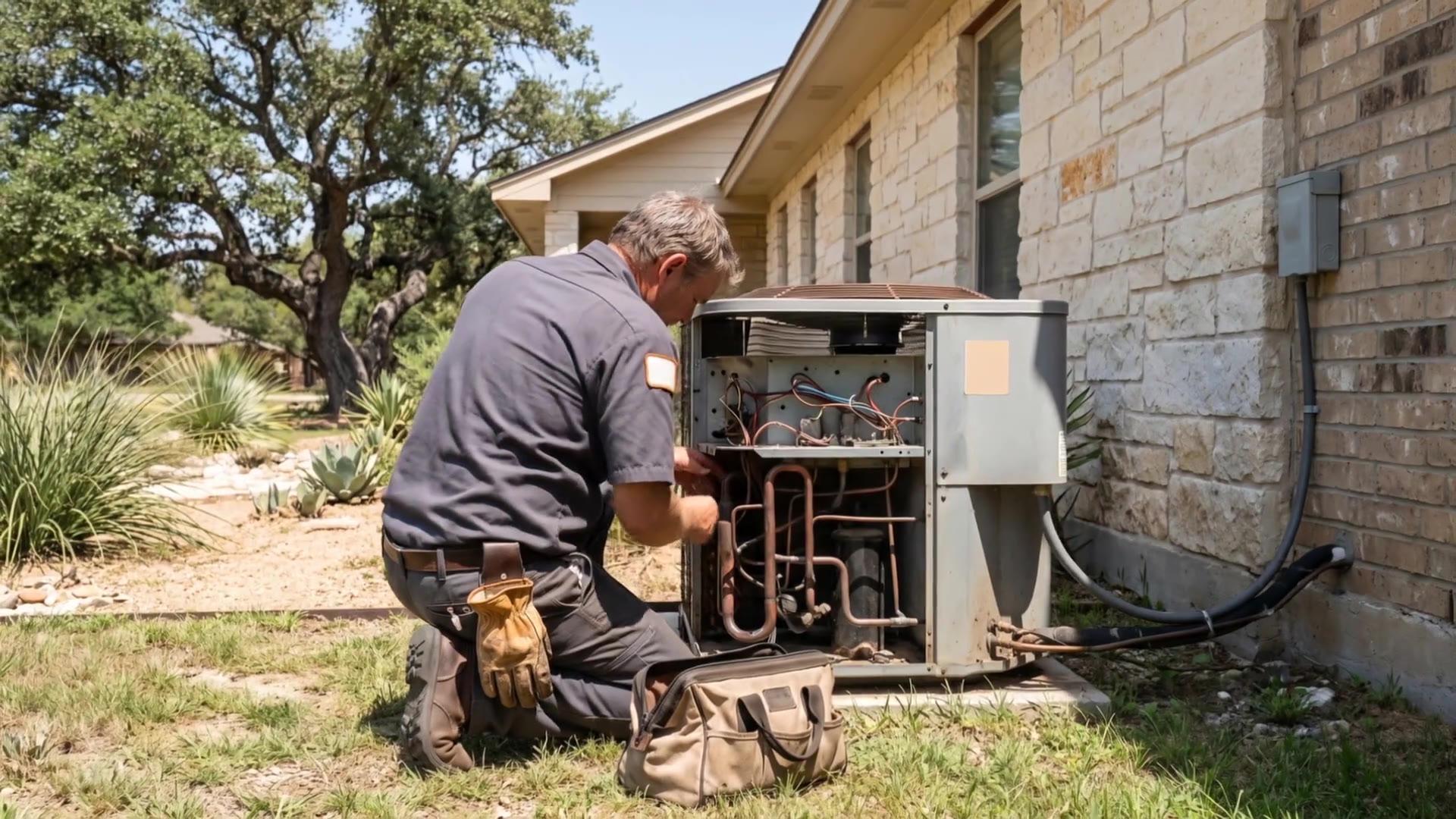 A technician at an outdoor air conditioner, from the home services concept