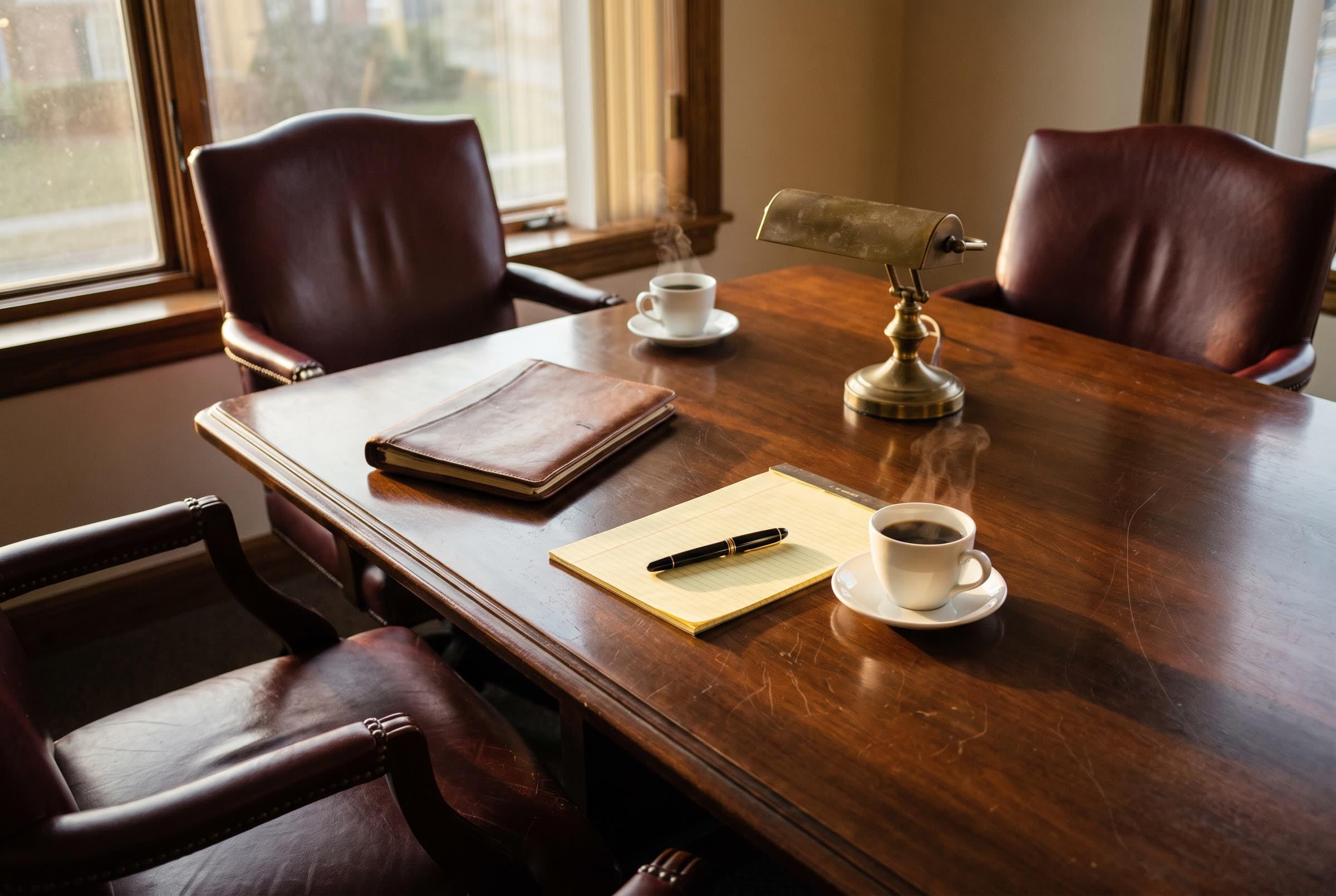 A walnut table set with coffee, a blank legal pad, and a fountain pen