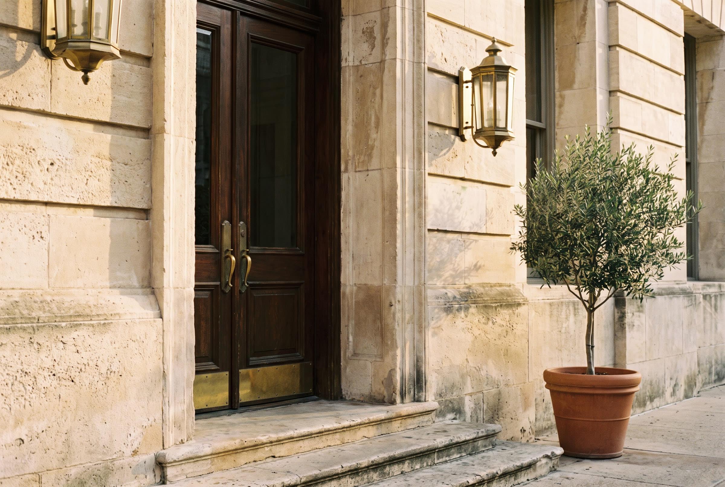 A carved limestone entrance with dark wood doors and brass hardware