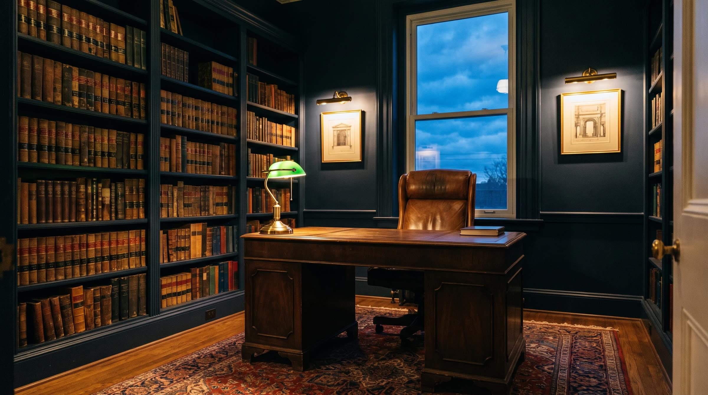 A navy-walled office at dusk with law books, a walnut desk, and a banker’s lamp