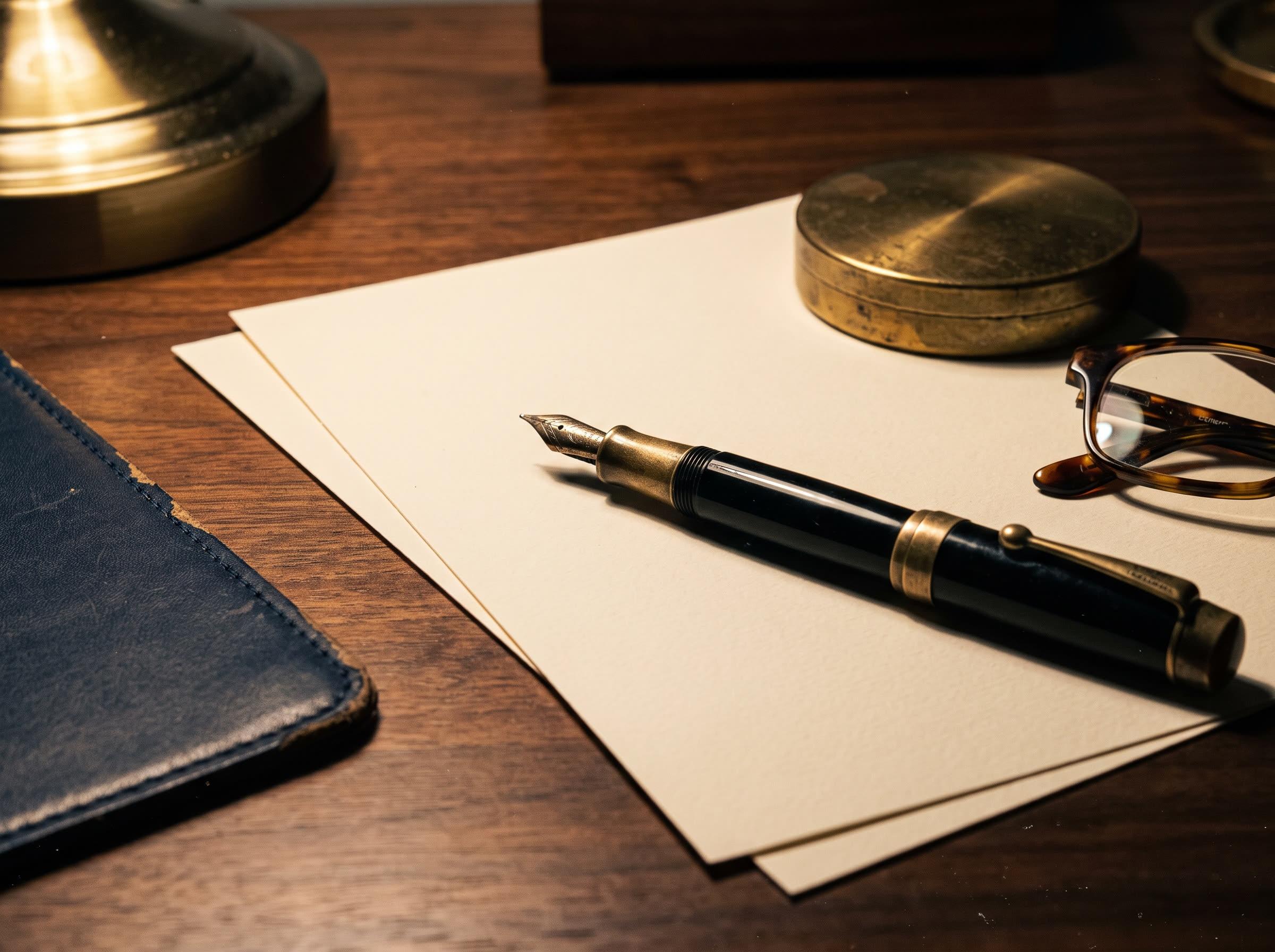 A black fountain pen and brass paperweight on blank cream paper