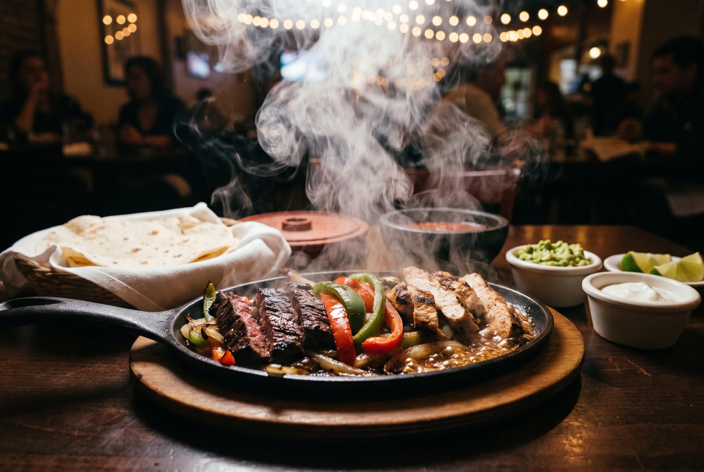 A cast-iron skillet of sizzling fajitas with tortillas and guacamole