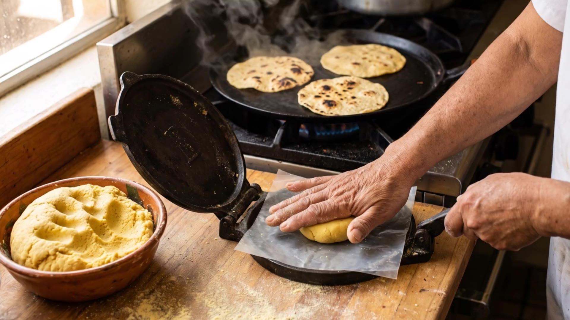 Hands pressing masa beside a comal of tortillas, from the restaurant concept
