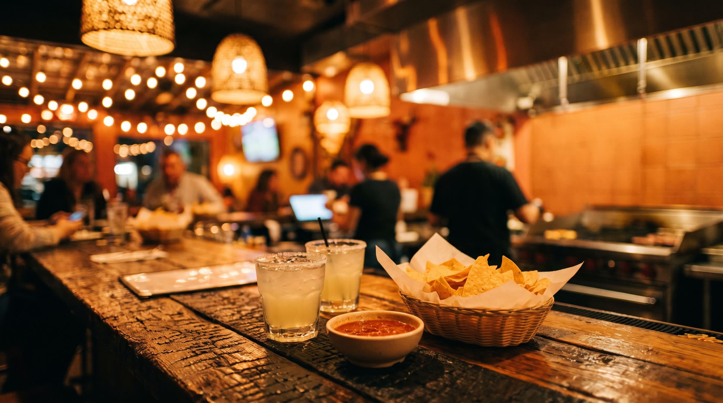 Margaritas and chips on a bar, with the dining room soft in the background