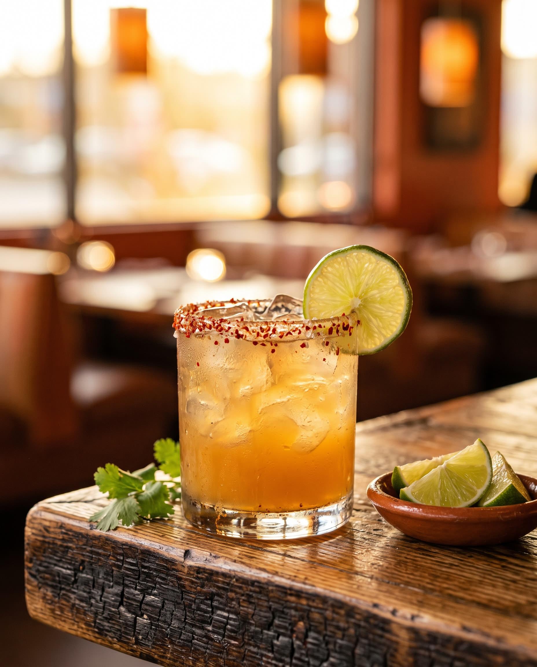 A margarita on the rocks with a chile-salt rim on a wood bar