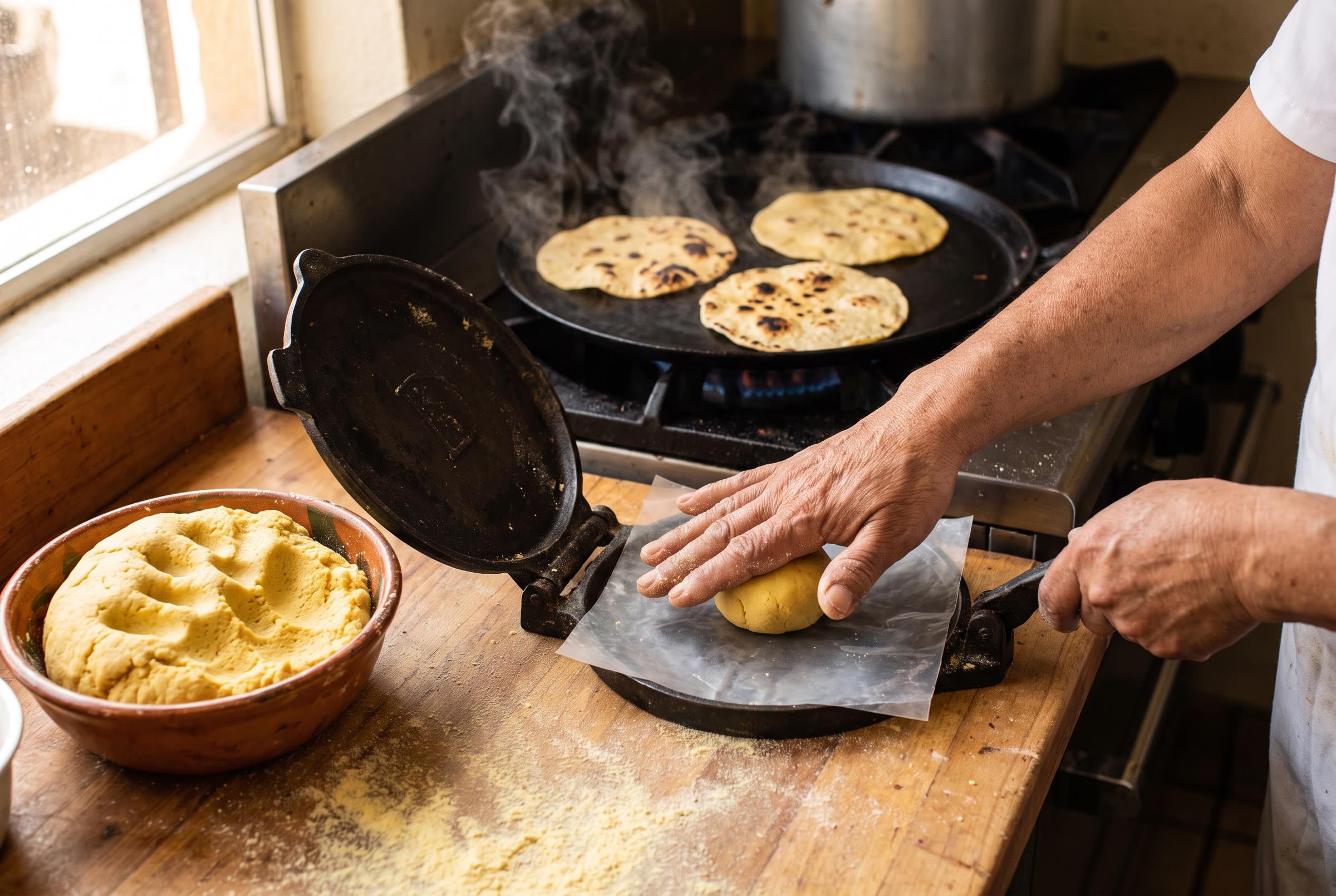 Hands pressing fresh masa beside a steaming comal of corn tortillas