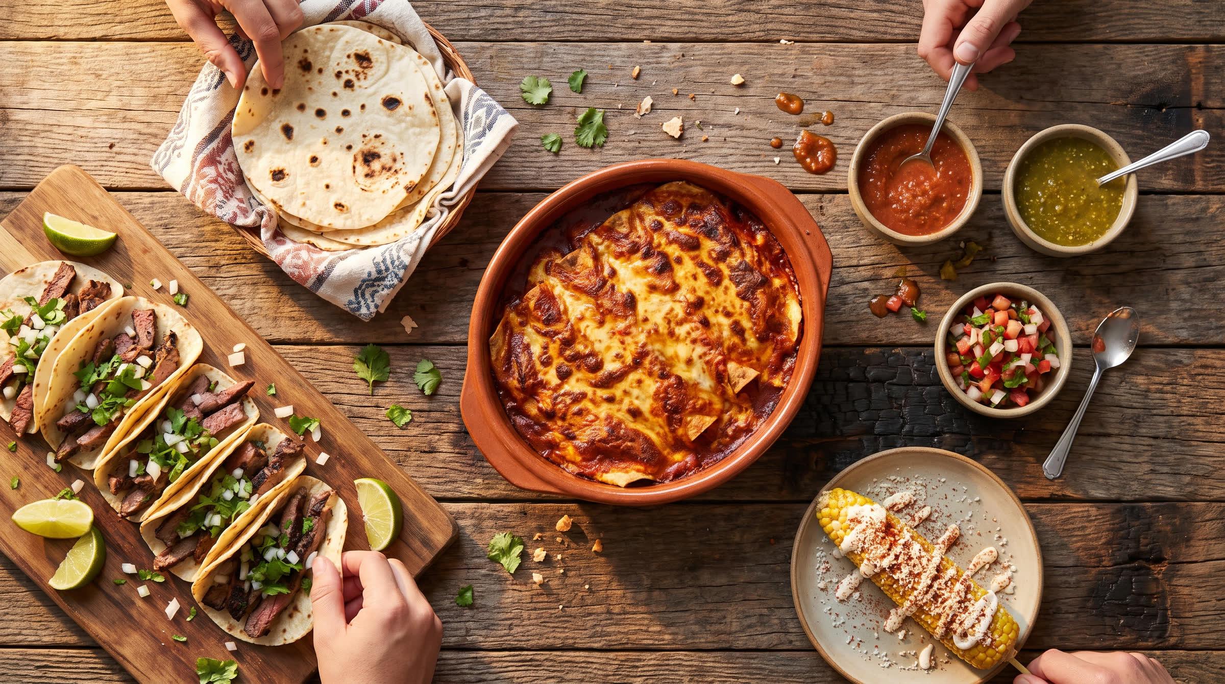 An overhead view of enchiladas, tacos, elote, and salsas on a wood table