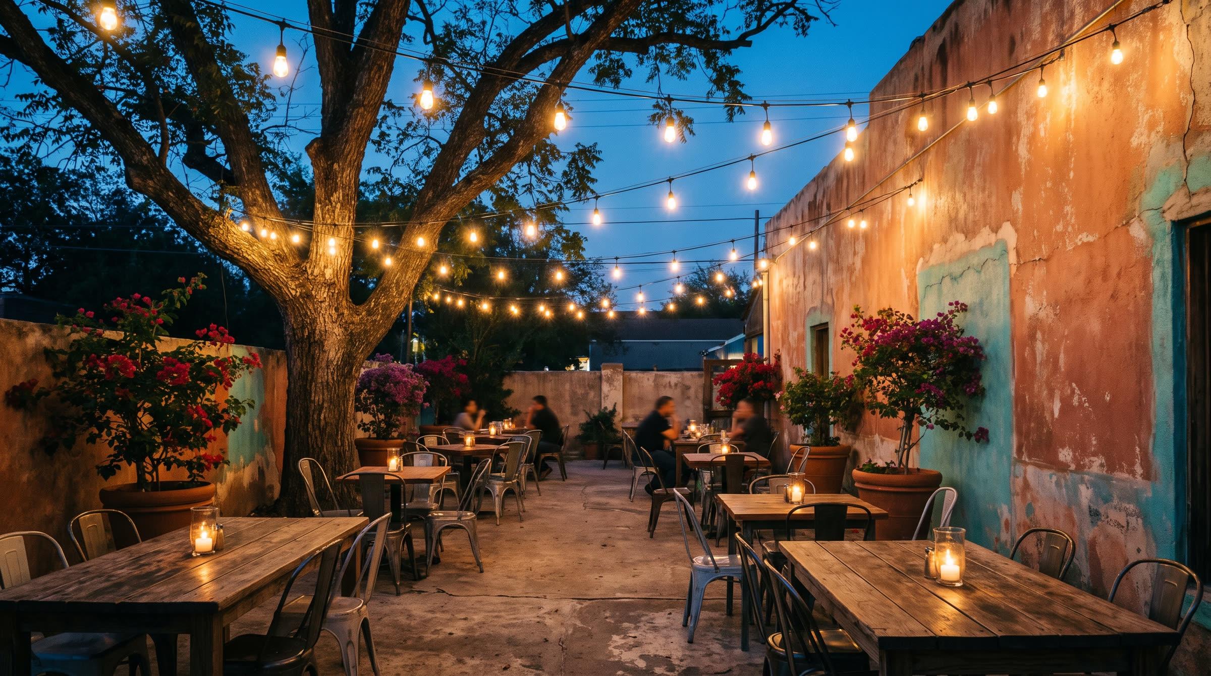 A restaurant patio at dusk with string lights over wooden tables