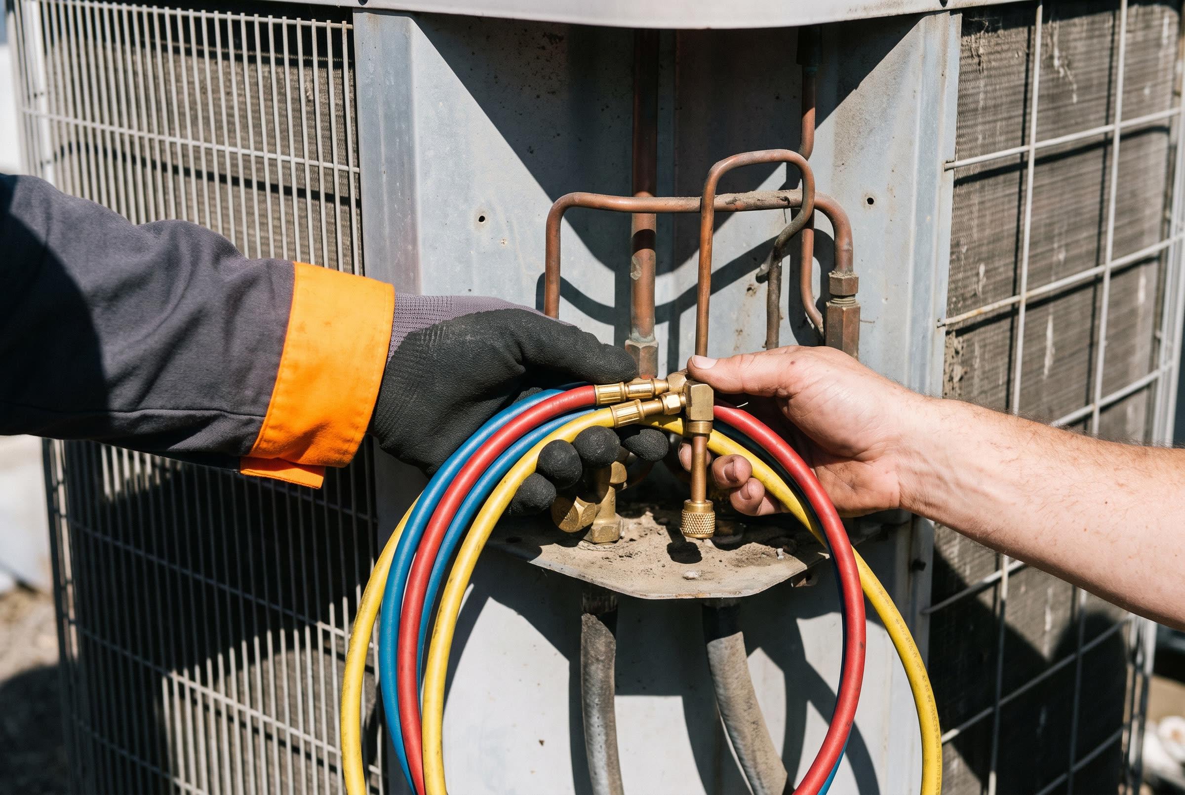 Hands connecting manifold gauges to the copper lines of an air conditioner