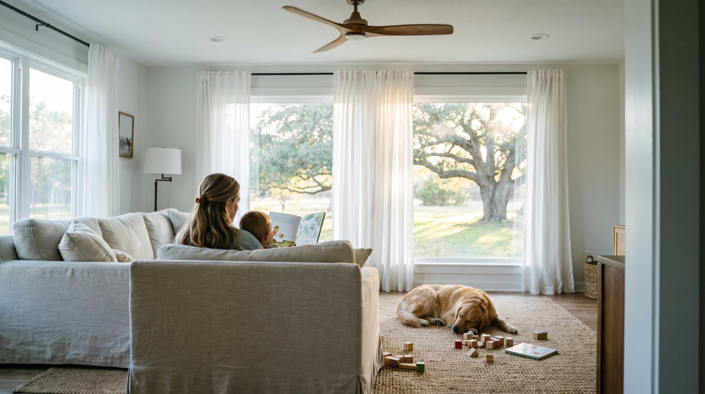 A bright living room with a linen sofa, a ceiling fan, and sheer curtains