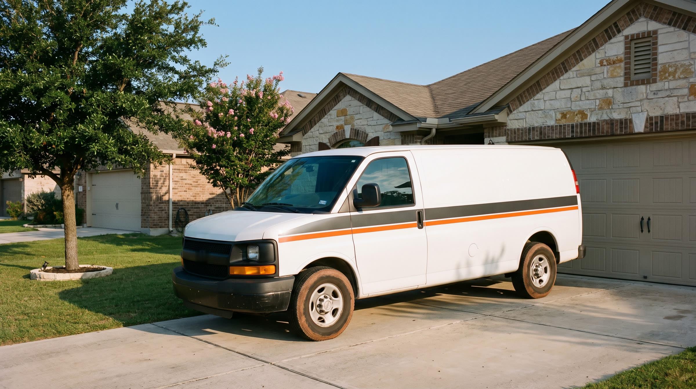A plain white cargo van parked in the driveway of a ranch house
