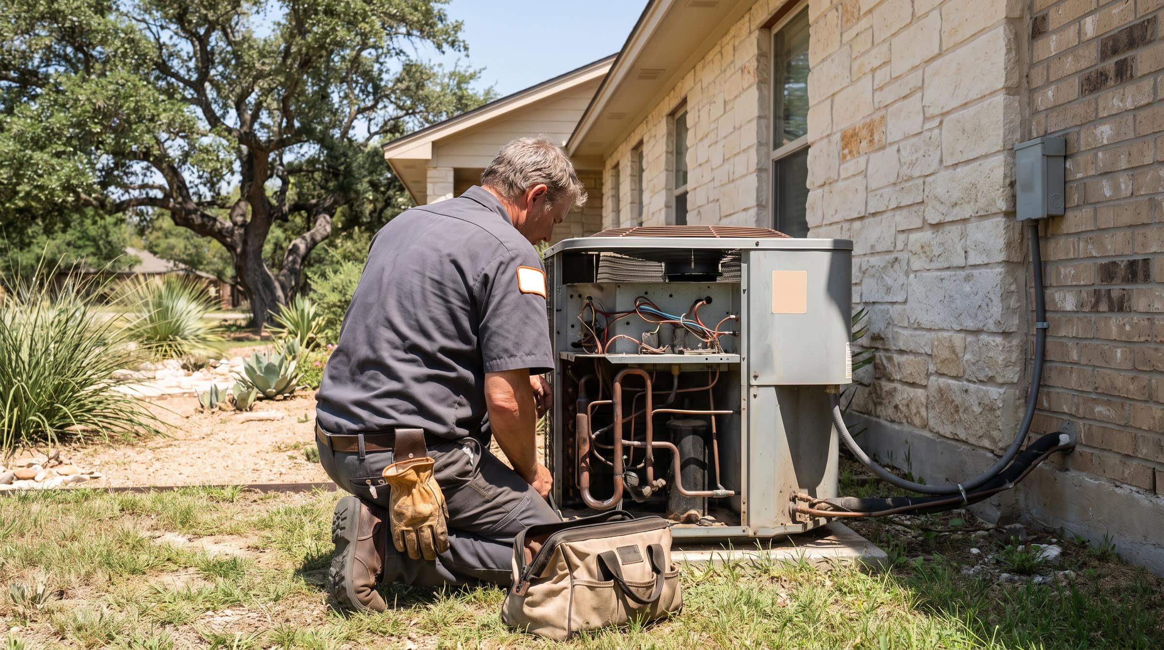 A technician kneeling at an open air conditioner beside a limestone ranch house