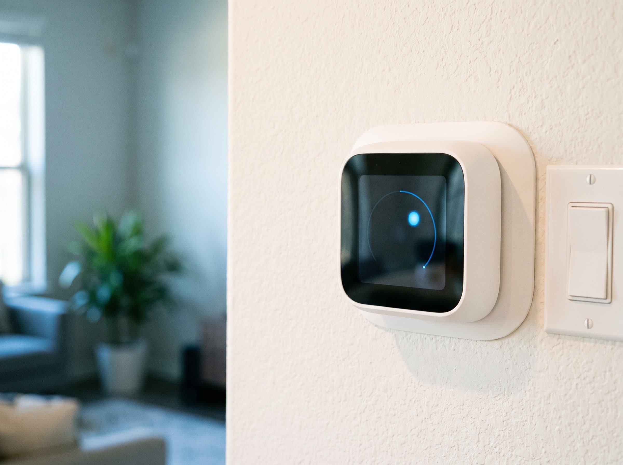 A white wall thermostat with a soft blue arc, no numbers visible